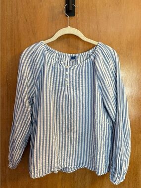 Old Navy Blue and White Striped Peasant Blouse